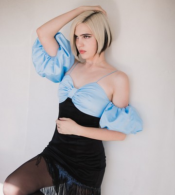 Labelrail x Julia Cumming puff sleeve fringe detail mini dress in black and blue