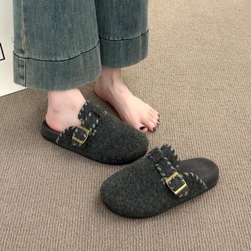 厚底灰色勃肯鞋包頭毛毛拖鞋女外穿2025新款秋冬一腳蹬半拖棉拖鞋