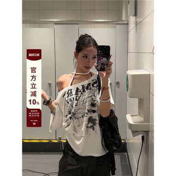 F383 美式復古斜肩蝴蝶結印花短袖T恤夏季慵懶休閑寬松上衣女ins