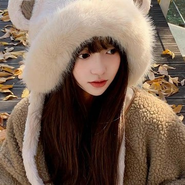 特價💖冬天可愛小熊毛絨 帽子女加絨加厚保暖 雷鋒帽仿兔毛防風護耳包頭帽 秋冬可愛小熊造型 包頭帽 套頭帽 新款秋冬帽子