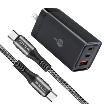 MyStyle 65W GaN氮化鎵極速充電器-黑+勇固耐彎折100W編織快充線 Type-C to Type-C -300cm-灰