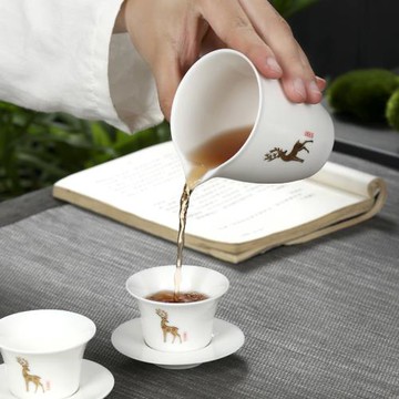 紫不語一路有你羊脂玉瓷公道杯白瓷豬油白茶海陶瓷金鹿茶水分離器