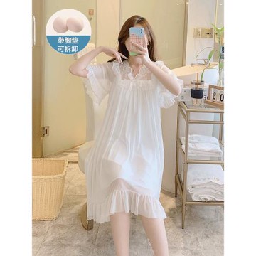 帶胸墊睡裙女夏天短袖網紗甜美公主風宮廷孕婦睡衣可外穿家居服薄