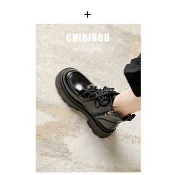 真皮厚底短靴女2024秋冬新款黑色單靴小個子增高系帶英倫風馬丁靴