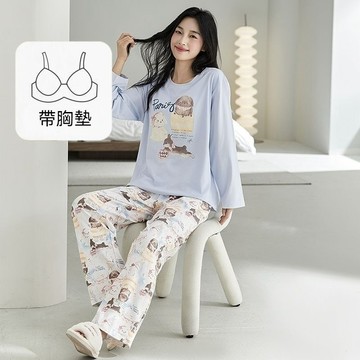 【台灣现貨】長袖睡衣 秋冬睡衣 帶胸墊睡衣 純棉睡衣 女生睡衣 胸墊睡衣 可愛睡衣  居家服 睡衣套裝 睡衣女 韓版睡衣