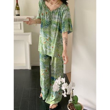 2025新款棉綢睡衣女士夏季寬短袖闊腿褲時尚高級感空調家居服薄款