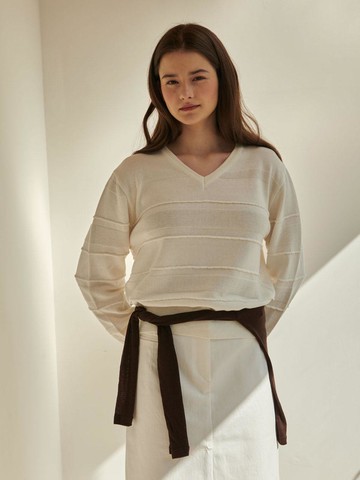 Frilled Stripe V-neck Knit Sweater [Ivory]