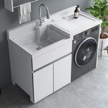??快速出貨?? 附發票 陽臺太空鋁洗衣機柜組合可訂滾筒洗衣池臺面帶搓板一體伴侶組合柜