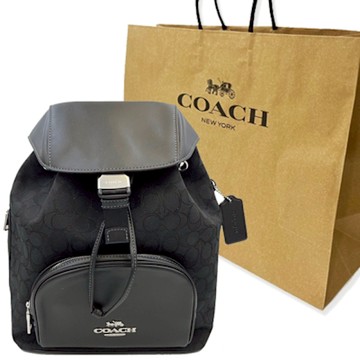 COACH 經典C LOGO織布束口後背包附紙袋(大款-黑)