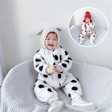 韓國冬季新款加棉嬰兒連體衣嬰幼兒圓點外出風衣棉服寶寶長爬哈衣