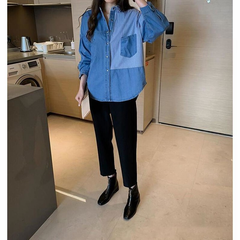 デニム風シャツ レディース 異素材切替 シャツブラウス カジュアル 長袖シャツ 春服 胸ポケット ス 羽織り おしゃれ デニム風シャツ レディース 異素材切替 シャツブラウス