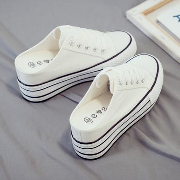 內增高8cm半拖帆布鞋女2025新款春夏女鞋學生小白鞋松糕厚底板鞋