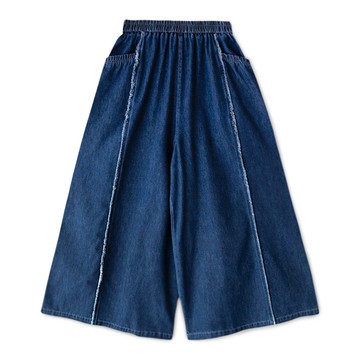 牛仔抽鬚闊腿褲 深藍F