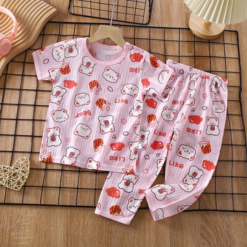 WarmNest - 純棉網眼透氣短袖家居服套裝-可愛小熊-粉色