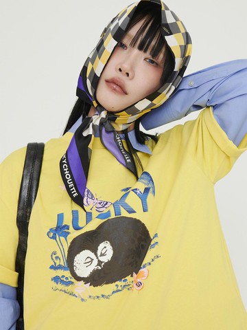 Point Half Sleeve Cotton Round Neck T-shirt [Yellow] (LFTAM25290YEX)