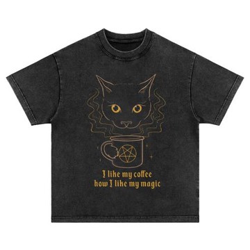 愛咖啡的魔法貓 重磅美式高街vintage休閑水洗做舊長短袖T恤上衣
