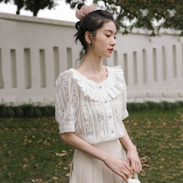 法式超仙珍珠大圓領荷葉短袖上衣(KDT-11017)