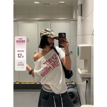 F383 美式復古字母印花斜肩短袖T恤夏季辣妹寬松休閑百搭慵懶上衣