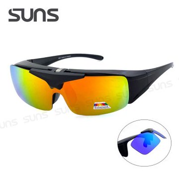 【SUNS】上翻式偏光墨鏡 REVO水銀運動太陽眼鏡 黑框橘水銀 抗藍光+抗UV400/可套鏡/防眩光/遮陽