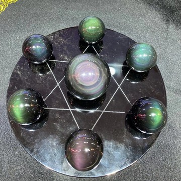 天然黑曜石貔貅七星陣擺件風水黑水晶球六圣吸財轉運家居裝飾禮品
