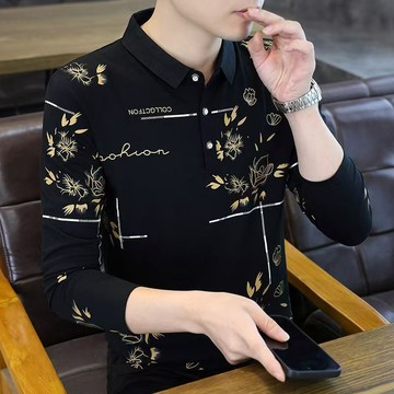 春秋男士長袖印花新款打底休閒polo衫百搭潮流修身翻領套頭男上衣
