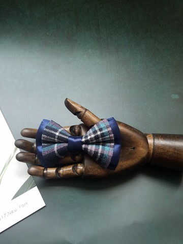 藍色真絲拼呢格子領結雙層獨特工藝休閒蝴蝶結