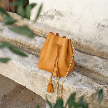 棕色水桶包鏈條斜挎女包 手縫真皮皮革包