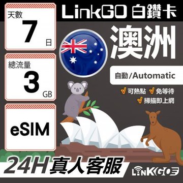 LINKGO白鑽卡 澳洲 eSIM卡 7天上網卡 總流量3GB 高速流量(澳洲網卡 雪梨 布里斯本 墨爾本)