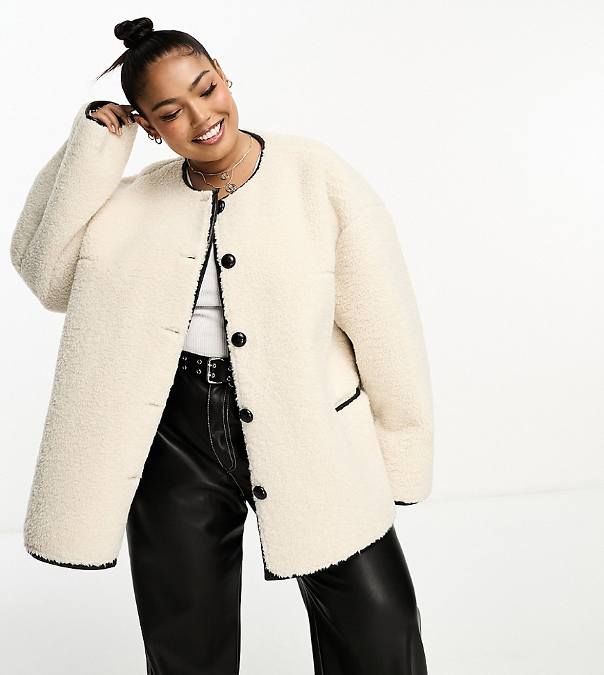 4th Reckless Plus button detail faux shearling jacket in cream