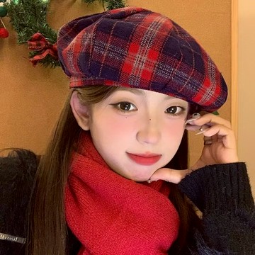 英倫黑紅格紋貝雷帽 女 大人 報童帽 畫家帽 貝蕾帽 帽子 聖誕節 耶誕 大紅 過年 新年 秋冬【BB9165】