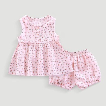 Mini baby🌷女童紗布套裝無袖碎花女寶寶舒適透氣外穿兩件套小女孩家居服