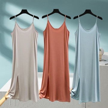 胖胖美依 洋裝 居家服 大碼連身裙 M-2XL莫代爾v領開叉薄款家居服睡裙夏季寬鬆睡衣吊帶裙可外穿連身裙-6662.