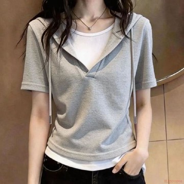 桃園出貨🍂胖mm假兩件連帽撞色短袖t恤女2026夏季新款遮肉顯瘦時尚百搭上衣