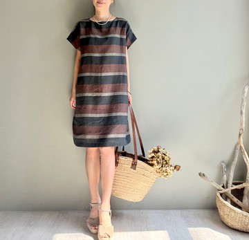 羅馬之夜/黑巧克力配色寬條紋義大利製亞麻短袖小洋裝100%亞麻