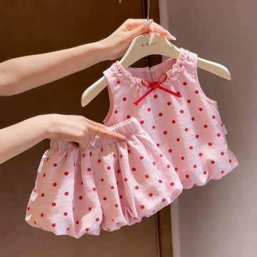 Mini baby🌷童裝套裝夏季女童甜美耳邊無袖波點格紋花苞兩件套
