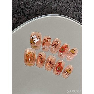 🎀台灣出貨🎀柿柿如意可愛短款手工美甲 穿戴甲 指甲貼片 美甲貼片 手工穿戴甲 甲片 假指甲 指甲貼 美甲貼 光療甲