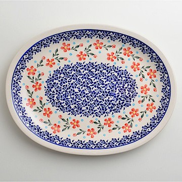 波蘭陶 藍印紅花系列 橢圓形餐盤 29cm 波蘭手工製