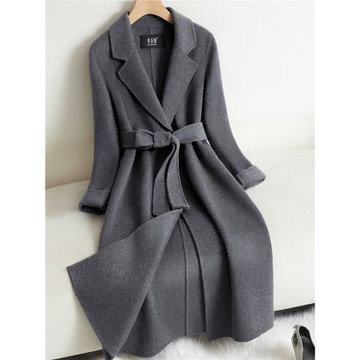 2025新款灰色雙面羊絨大衣女長款過膝系帶西裝領赫本風羊毛呢外套