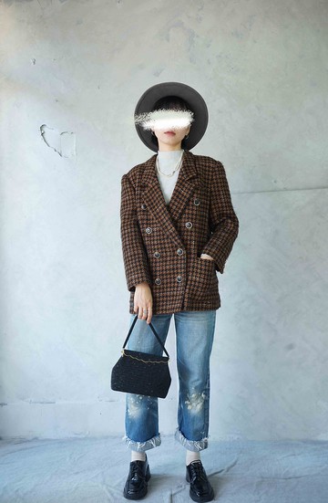 尋寶古著-Leilian咖啡棕千鳥格毛料雙排釦西裝外套