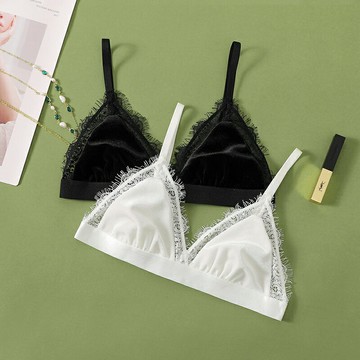 100%桑蠶絲真絲文胸女絲絨夏季薄款性感法式小胸三角杯無鋼圈內衣