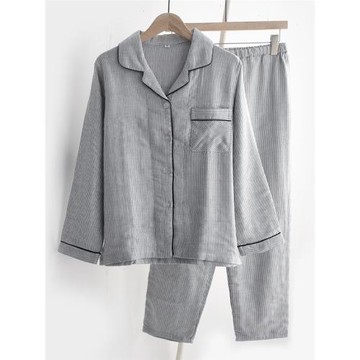 日系條紋全棉睡衣男女春秋季加厚純棉紗布雙層長袖情侶家居服套裝