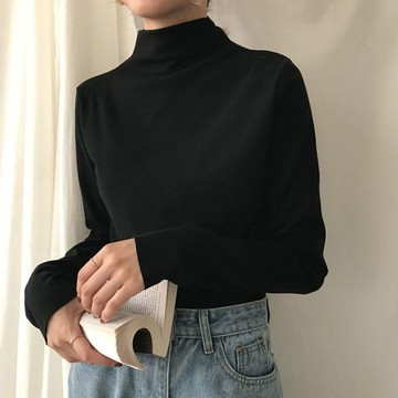 【董小姐】女生長袖上衣 半高領打底衫 螺紋德絨 打底衣 保暖純色T恤女 顯瘦穿搭 上衣女 修身上衣 內搭上衣