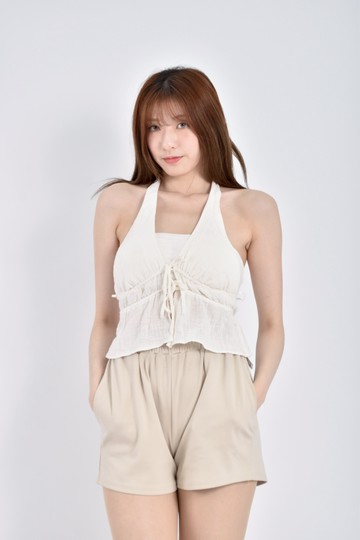 加購優惠(S) 【里唯私服】bershka質感修身短版掛脖綁帶白色上衣