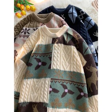 秋冬季圣誕節毛衣男圓領加絨休閑潮牌日系復古美式情侶百搭針織衫