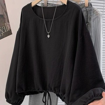 XL-5XL 大尺碼長袖T恤 女裝春秋新款圓領長袖小衫顯瘦洋氣遮肚子上衣