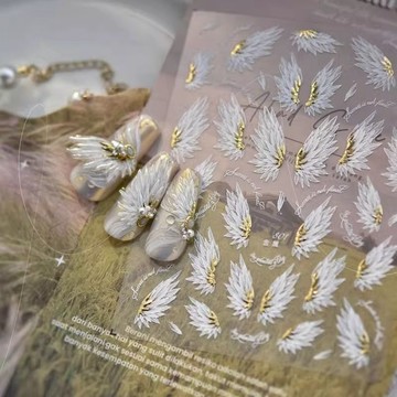 🌸台灣出貨🌸燙金天使黑白色翅膀美甲貼紙浮雕3d新款5d網紅ins指甲貼紙裝飾品