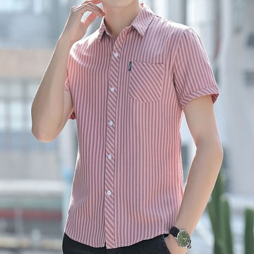 新品【夏季】男士潮流短袖上衣商務襯衫男短袖抗皺免燙條紋格子韓版潮流輕奢方領寸衫