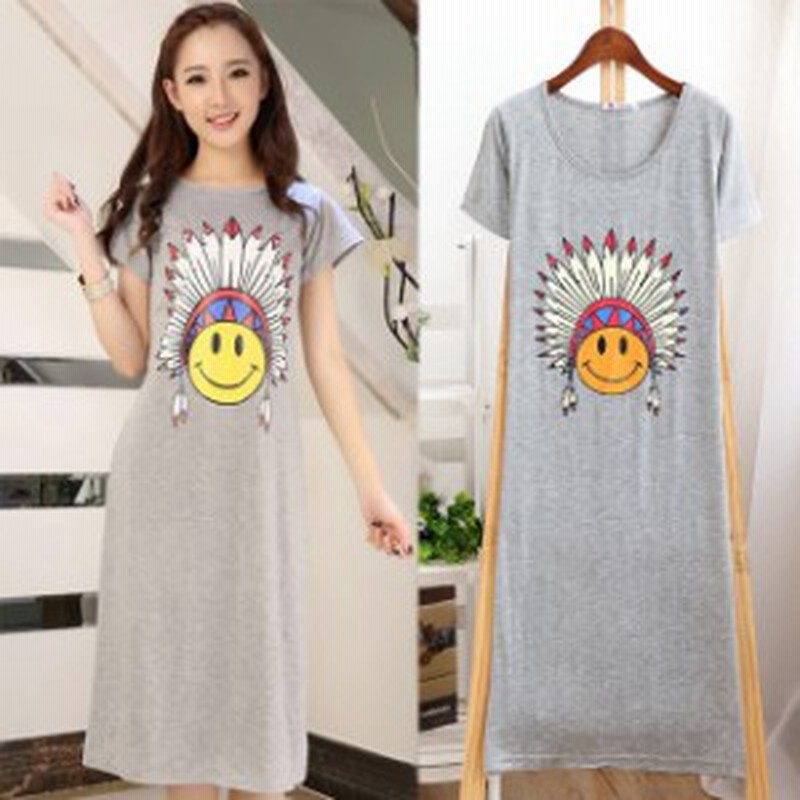 Big Saleクーポン対象 ワンピース 半袖 ロング ワンピース Tシャツ風 パジャマ ワンピース 可愛い笑顔プリント ラウンドネック Aライ 通販 Lineポイント最大1 0 Get Lineショッピング