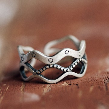 曲尾花小眾原創復古開口多層銀戒指男小星星潮人百搭休閑指環女戒