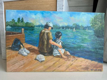 湖畔時光 - 親子寫實油畫 手繪原作 溫馨風景畫